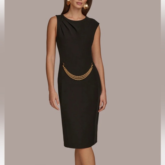 Donna Karan Black, Quiet Luxury, Sleeveless Dress (Med) with Front Gold Chain - Picture 12 of 12